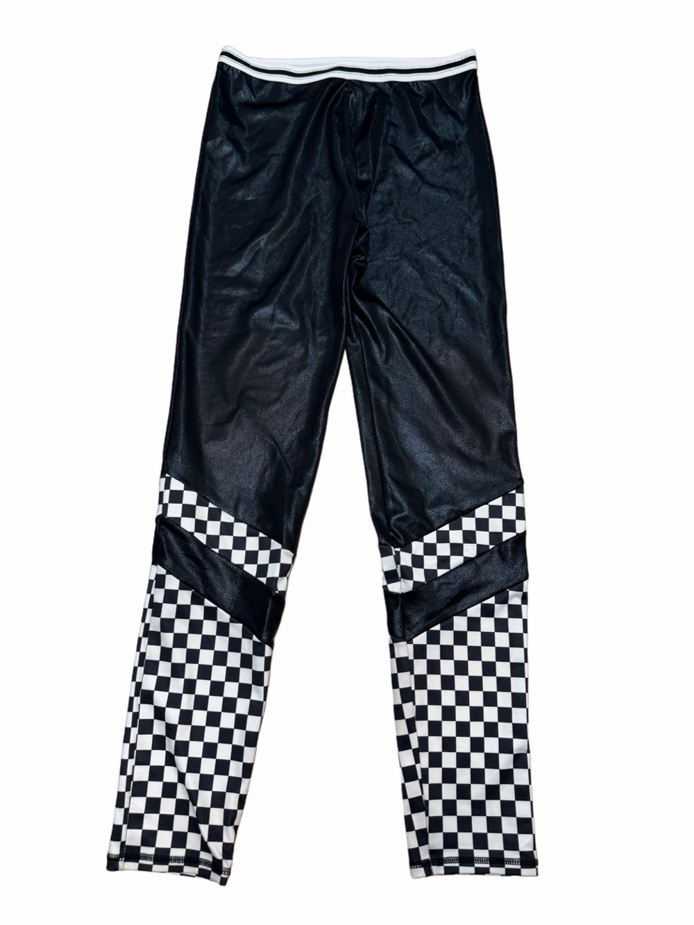 More Than Magic Girls XL 14/16 Black White Checker Shiny Moto Panel Leggings
